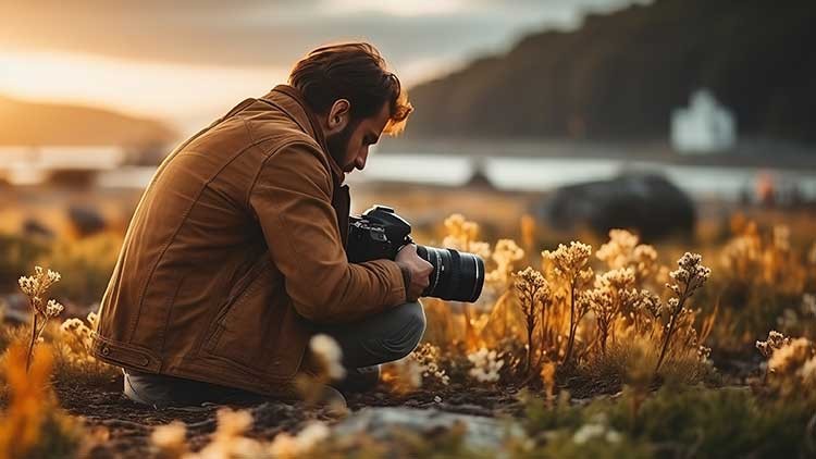 Ein Fotograf fotografiert Blumen auf einer Wiese